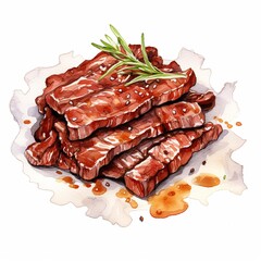 Delicious grilled meat slices garnished with rosemary on a white background.