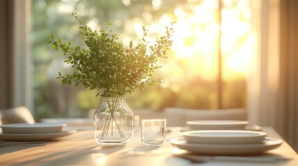 A sunlit dining table with plates and a vase of greenery.