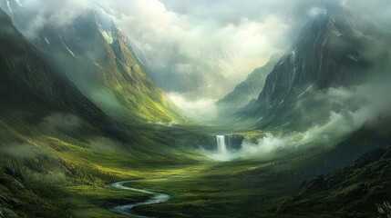 Enchanted Valley with Waterfall and Misty Mountains