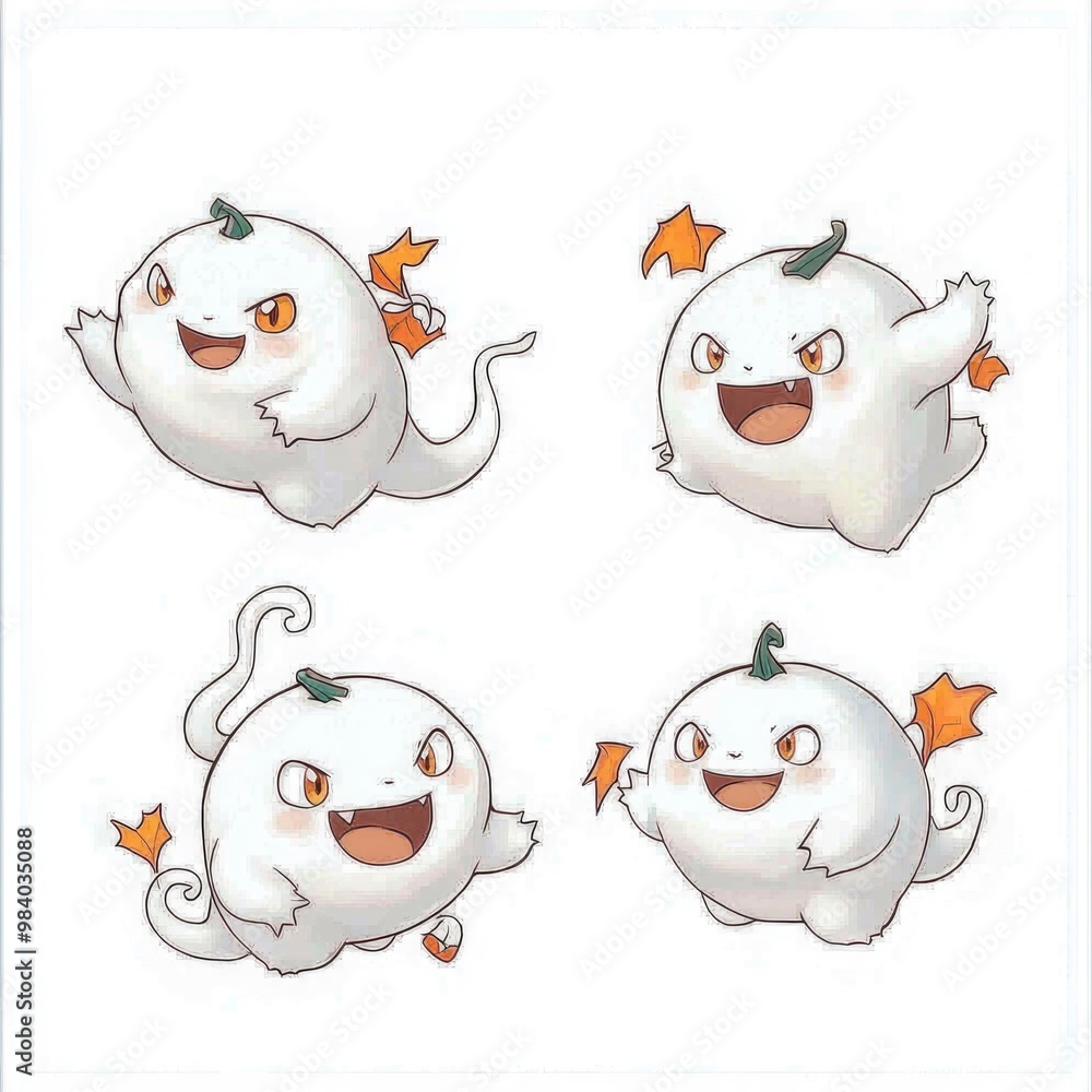 Sticker adorable white pumpkin ghosts with tails and wings