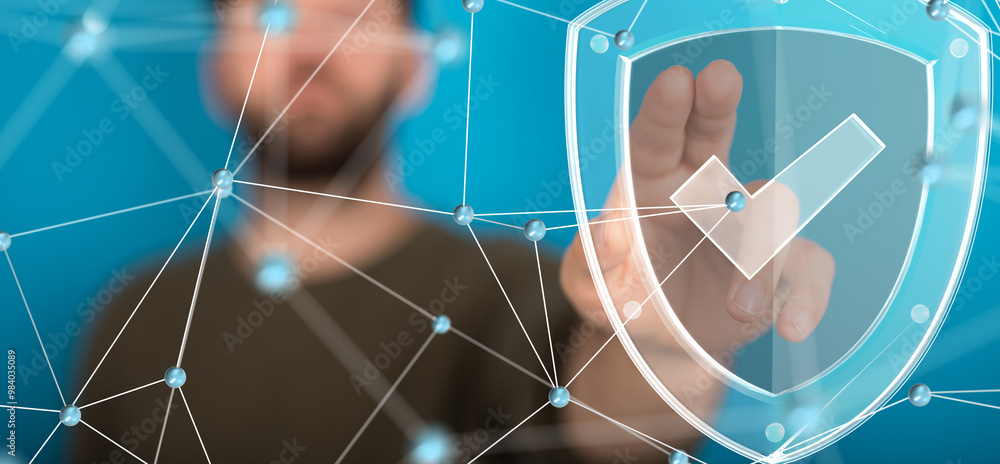 Poster Information technology protected with firewall, secure access and encryption against cyber
