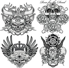 set, gothic sign with skull, grunge vintage design t shirts