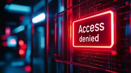 Vibrant Neon Access Denied Sign on Futuristic Monitor Screen in Dark Setting