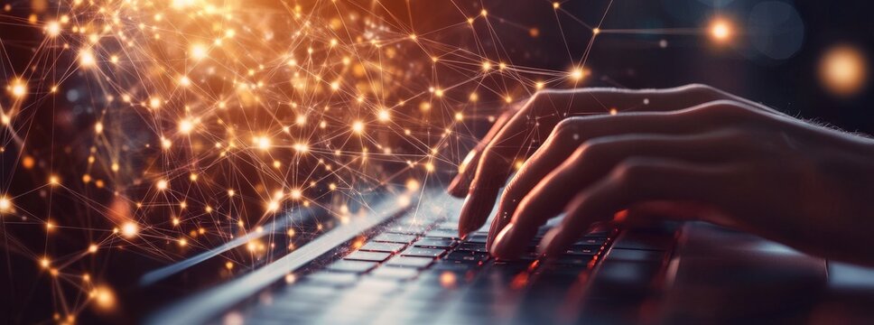 IT professional analyzing algorithms in data facility background server racks digital technology network optimization concept banner
