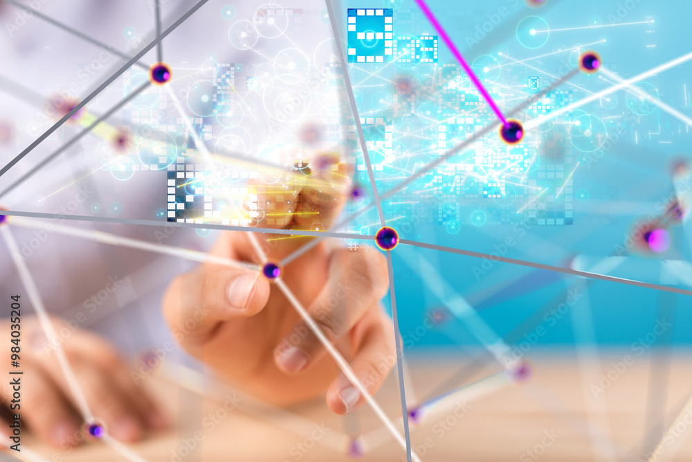 Poster Neural network 3D illustration. Big data and cybersecurity - 3d
