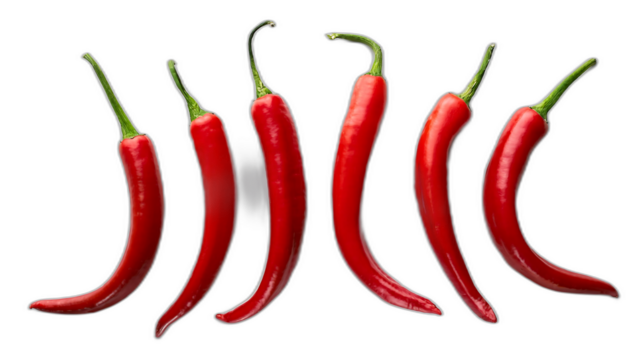  Peperoncini piccanti dall'alto- Sei peperoncini rossi piccanti disposti su uno sfondo bianc_1(299)