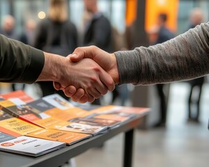 Hands shaking over a table full of brochures at a product launch, symbolizing networking and new opportunities