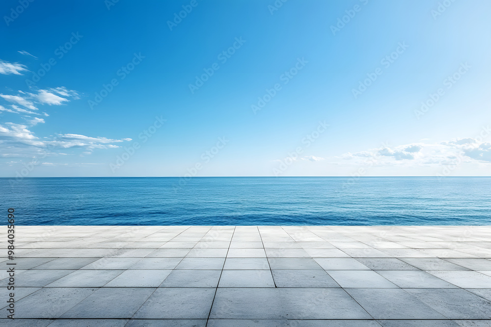 Poster blue sky with empty concrete floor and sea view. vibrant banner with space for copy. horizontal imag