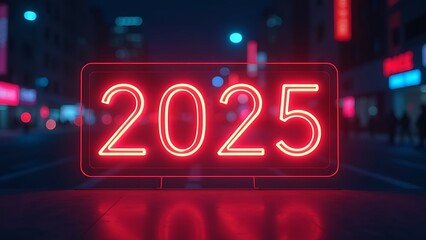 sign with glowing neon text in the center "2025" below it on a blurred digital background