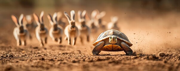 Turtle leading a pack of rabbits in a dusty race, highlighting speed and perseverance, with the turtle in focus and the rabbits in a blurred, frantic chase