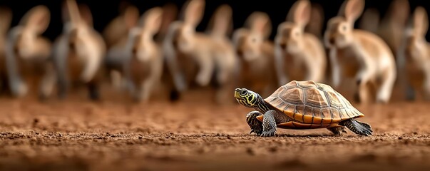 A determined turtle in sharp focus, racing ahead of a blurred pack of rabbits, whimsical twist on the classic fable, dynamic motion and vibrant details