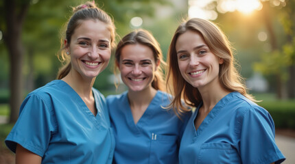 Obraz premium Smiling Medical Professionals in Scrubs Posing in Hospital and Outdoor Settings – Group and Individual Healthcare Workers Photo