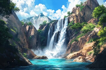 A beautiful waterfall drawing is surrounded by lush green trees and rocks. The water is crystal clear and the sky is blue with fluffy clouds. The scene is peaceful and serene