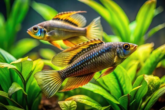 Aquarium aquascape with apistogramma ramirezi fish and tropical plants
