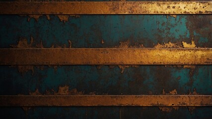 Fototapeta premium A blue metal surface adorned with horizontal golden stripes and a heavily worn, distressed appearance showing rust.