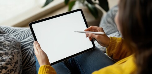 A woman is sitting on a couch holding a tablet and a pen. She is writing on the tablet. Mockup