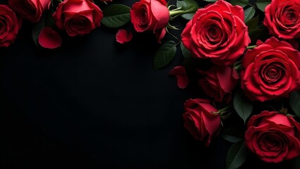 Dramatic red roses on black background perfect for Valentines Day