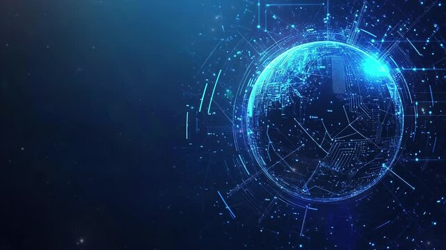 Abstract tech background with global network and digital connection. Digital data globe. Global network. Global internet business. Futuristic digital world. Symbolizing global connectivity. Copy space