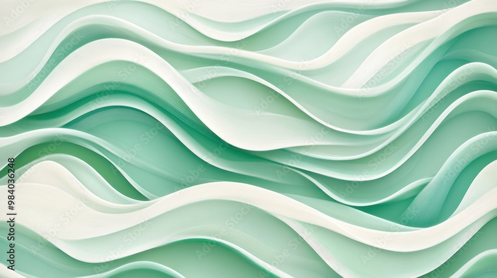 Poster the image is a green and white wave pattern. the waves are very long and seem to be made of paper. t