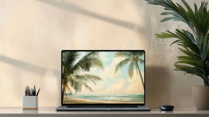 Fototapeta premium A laptop is on a desk with a potted plant next to it. The laptop screen shows a beach scene with palm trees and a cloudy sky. The scene gives off a relaxed and peaceful vibe