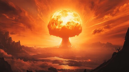 Fototapeta premium A large orange mushroom shaped object is in the center of a very orange sky. The sky is filled with clouds and the sun is setting. The scene is very dramatic and intense