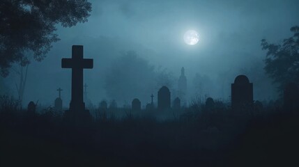 Dark silhouetted graveyard with headstones set against a foggy eerie background Soft glowing moonlight casts long shadows across the landscape