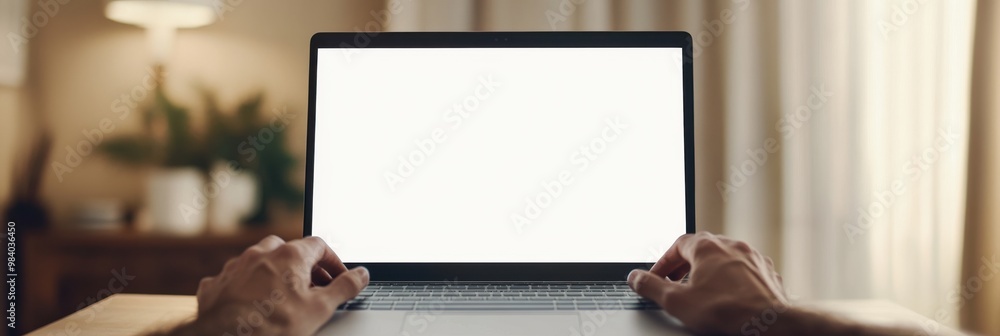 Poster a person is typing on a laptop with a blank screen. concept of productivity and focus, as the person