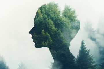 A woman's face is shown in a forest with trees surrounding her. The image has a dreamy, ethereal quality to it, as if the woman is a part of the trees themselves