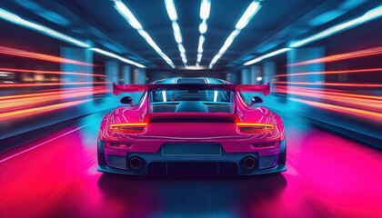 Obraz premium A car is driving down a tunnel with neon lights. The car is red and has a sleek design. The tunnel is long and narrow, with the car taking up most of the space. The neon lights create a sense of speed