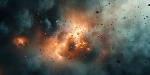 Obraz premium A space filled with fire and debris. The fire is orange and the debris is blue. Scene is chaotic and intense