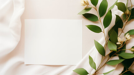 Fototapeta premium Blank paper mockup against soft white fabric framed by green leaves small flowers. Nature-inspired elegant invitation template advertising image. Stationery mock up photorealistic