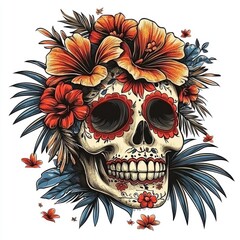 Naklejka premium Sugar Skull with Flowers and Tropical Leaves