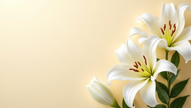Elegant white lilies on golden background Sympathy card template