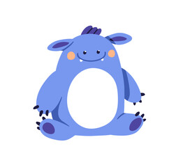 Cute plush stuffed toy, funny happy monster. Soft cuddly animal, kids kawaii adorable creature for nursery, kindergarten play. Childish flat vector illustration isolated on white background