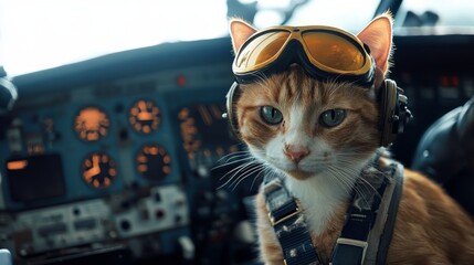 cute orange and white cat wearing pilot goggles sitting in the cockpit of an airplane with cinematic lighting, capturing a playful and adventurous moment