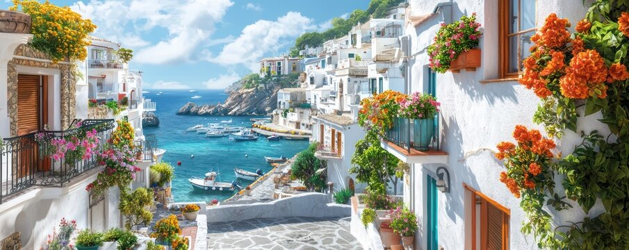 A quaint off-white painted coastal village with narrow alleys and bright flowers blooming on balconies, overlooking a tranquil harbor