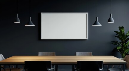 A large white board is hanging on the wall of a conference room. The room is furnished with a wooden table and chairs, and a potted plant is placed near the wall. The room has a modern. Mockup