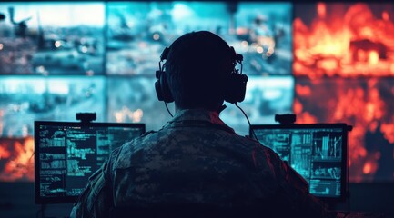 Obraz premium A man in a military uniform is sitting in front of computer monitors with a headset on. He is looking at the screen and he is focused on the task at hand. Concept of concentration and determination