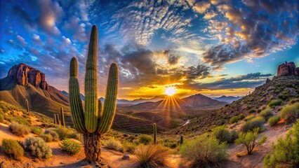 Arizona desert sunset setting on mountain and cactus