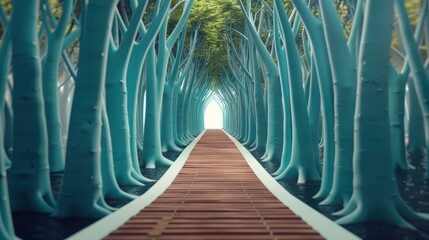 A surreal pathway leading through a forest of interconnected trees, representing the intricate paths of strategic decision making.
