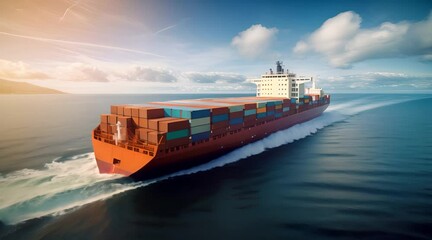 A blue cargo ship sails across the ocean with a cloudy sky overhead