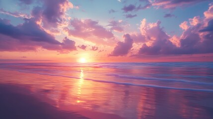Fototapeta premium A beautiful sunset over the ocean with a pink and purple sky. The sky is filled with clouds, and the sun is setting on the horizon. The ocean is calm and peaceful, and the beach is empty