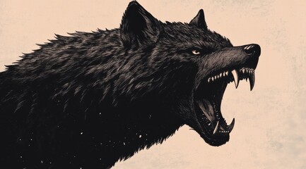 A black wolf with its mouth open and teeth bared. The wolf is looking directly at the camera