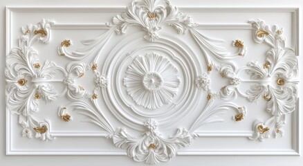 Naklejka premium A white ceiling with a gold leaf design. The design is intricate and ornate, giving the room a sense of luxury and elegance. The gold leaf adds a touch of opulence to the space