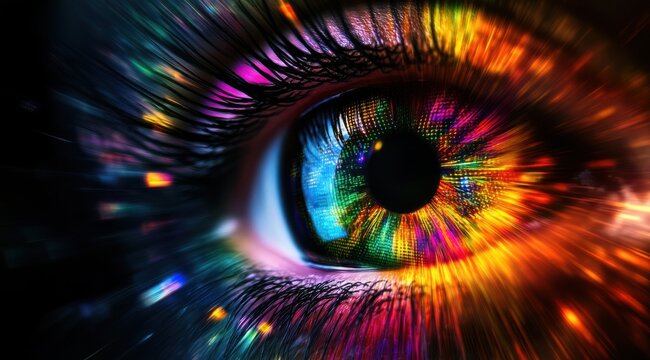 A colorful eye with a rainbow of colors. The eye is surrounded by a blurry background. The eye is the main focus of the image, and the colors make it look like a work of art