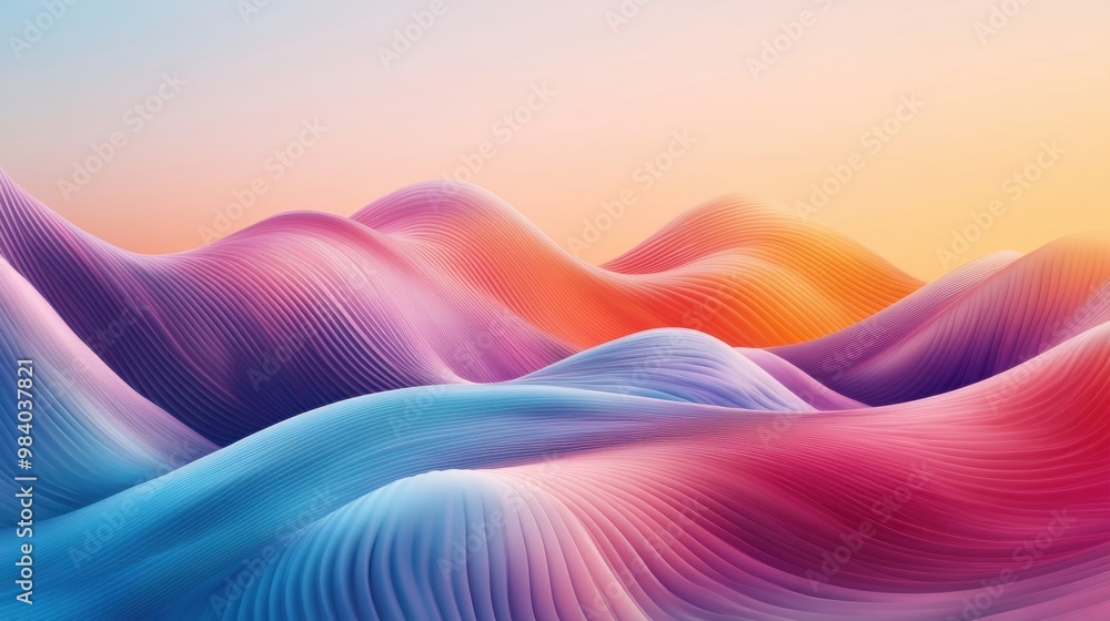 Poster a colorful mountain range with a blue and orange hill in the foreground. the mountains are made up o