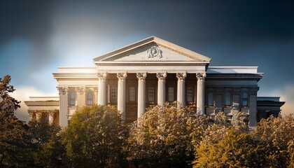 Obraz premium A grand classical building with columns, surrounded by trees, bathed in warm light under a dramatic sky.