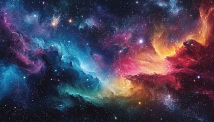 A colorful galaxy with a mix of blue, red, and yellow stars. The stars are scattered throughout the sky, creating a sense of depth and wonder. The colors of the stars