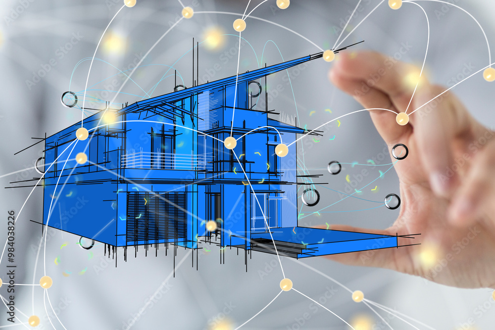 Poster home iot - Neural network 3D illustration. Big data and cybersecurity