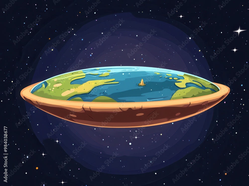 Poster a cartoon drawing of a planet with a large, round, pizza-like crust. the crust is surrounded by a bl